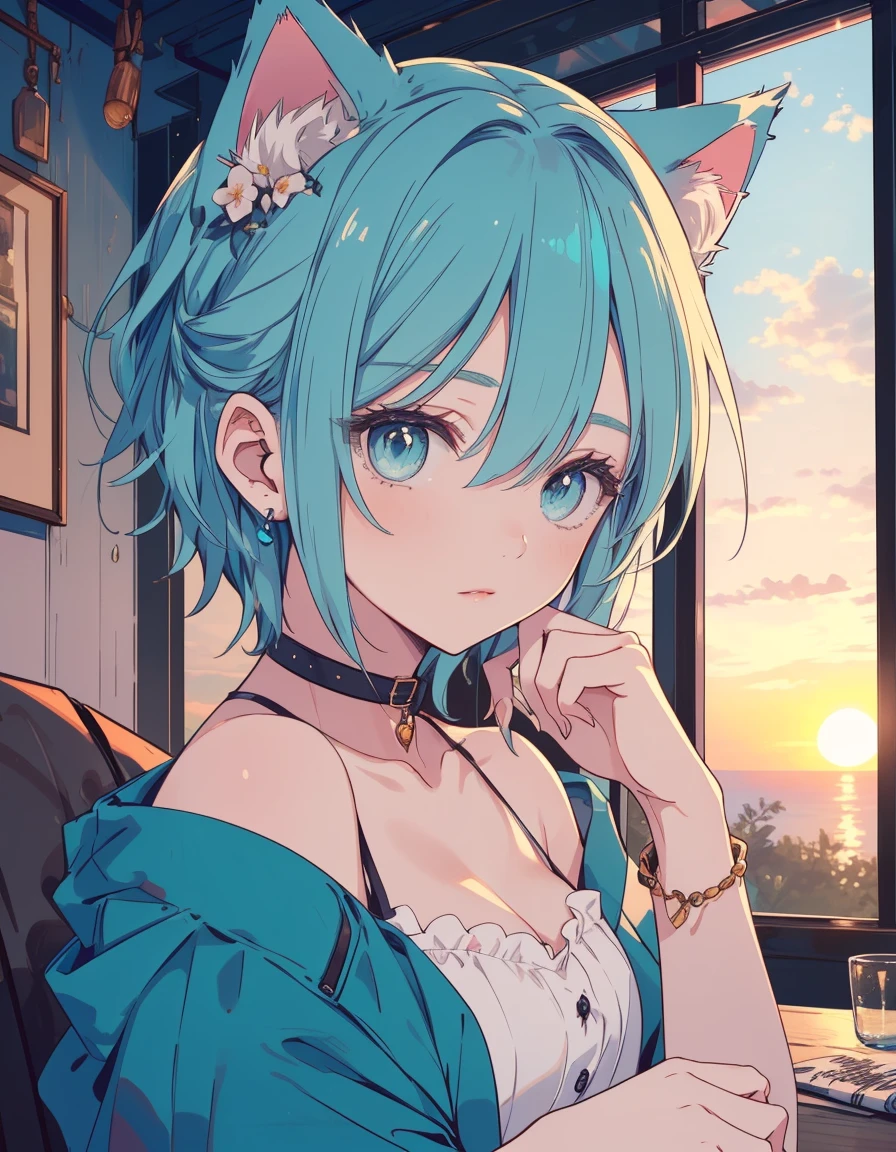cafe, sunset, writing, thinking, ((masterpiece, best quality:1.5)), ((Beautiful detailed cat aqua eyes:1.2)), cat ears, pale skin, medium breasts, beautiful hands, beautiful fingers, EasyNegative