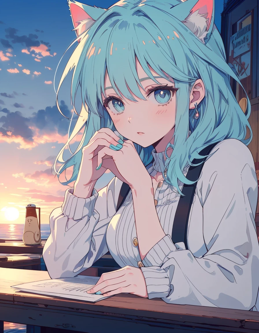 cafe, sunset, writing, thinking, ((masterpiece, best quality:1.5)), ((Beautiful detailed cat aqua eyes:1.2)), cat ears, pale skin, medium breasts, beautiful hands, beautiful fingers, EasyNegative