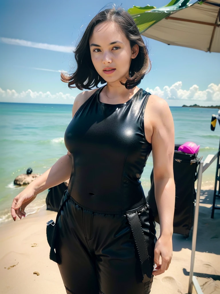 1girl, solo, (uniform), standing, at the beach, beautifully ocean scenery, detailed face, cute face, detailed eyes, thick breasts, smooth realistic skin, black tight latex tanktop, black latex hot pants, looking at the audience, low angle shot,(8k, RAW photo, best quality, masterpiece: 1.2), (realistic, realistic: 1.37), ultra-high resolution