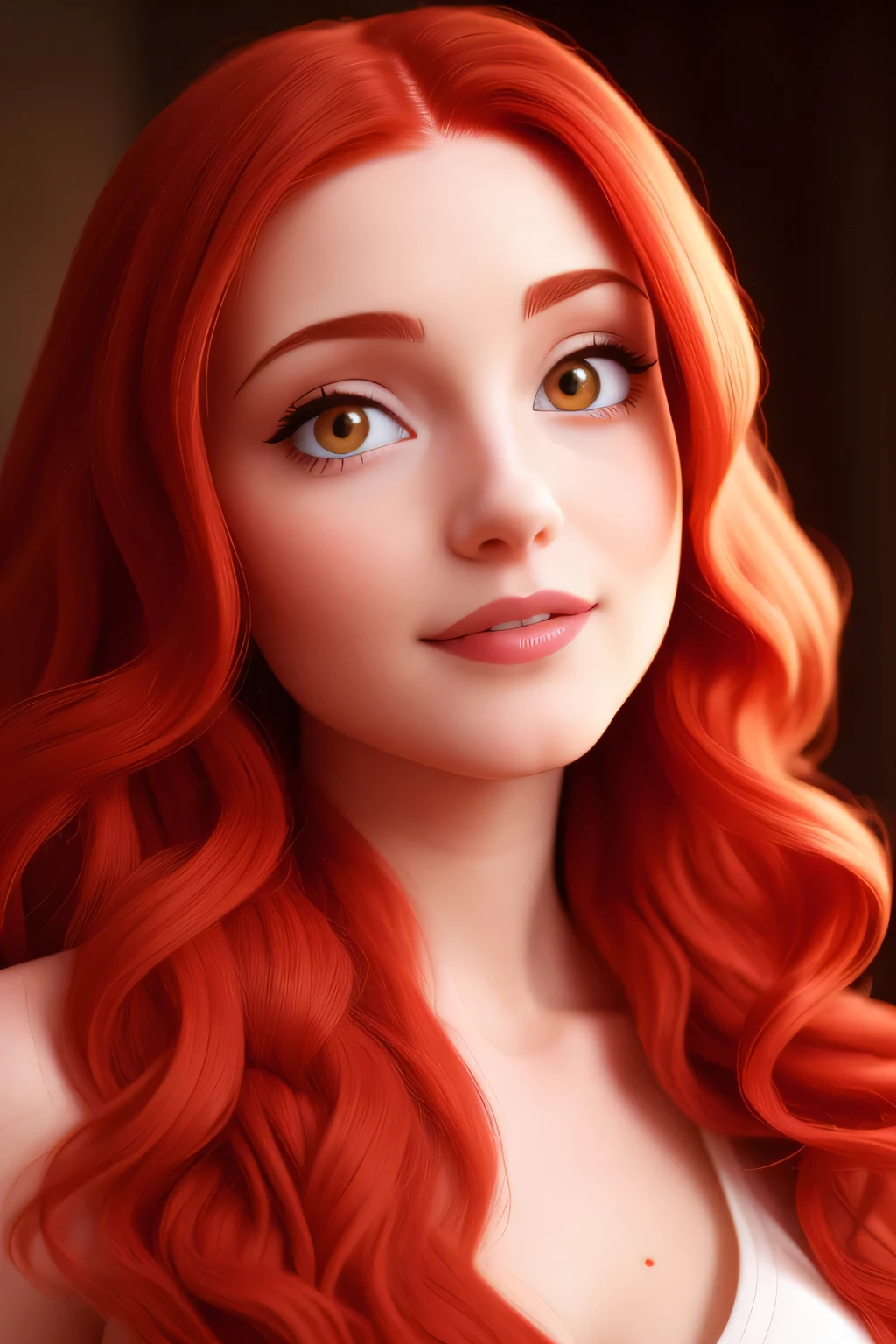 1 pale female with long wavy red hair, closeup