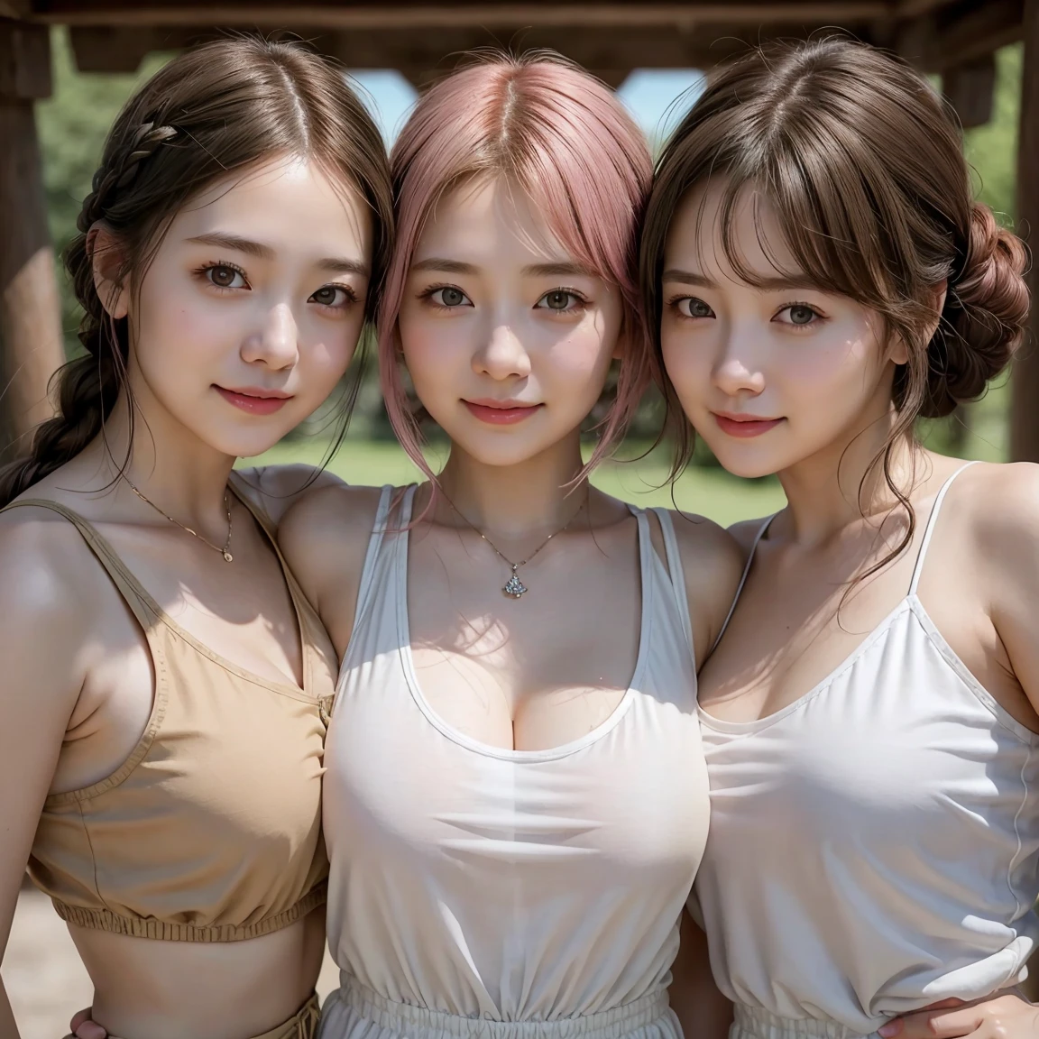 ( 3 girls),smile、Look into the camera、Diamond necklace、braided hair (Exaggerated), (Enlightenment), (high resolution), (in 8K), (มีรายVery detailed), (The best Enlightenmentns), (Beautifully detailed eyes), (Highest quality), (Very detailed), (Masterpiece), (Wallpaper), (detailed face), Sweat in the armpit area,lift,pink hair color, short hair,upper body up,Young woman in a white tank top, Japan, big , (camel toe)