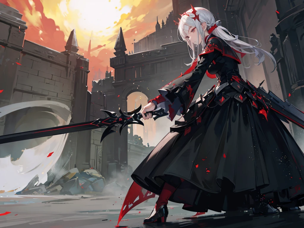 Edelgard ((Fire_Emblem)), big red dress, glowing sword, burning fire, red color, fiery red, 1female, silver hair, detailed hair, beautiful face, perfect face, big breasts, perfect body, best quality, 8k, refracted light, battle atmosphere, black particles, destruction, injured body, best quality, best resolution, anti-defect, serious face.