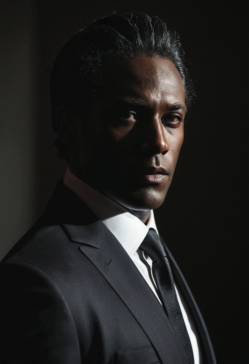 dark man in suit, slickedback hair, a shadow