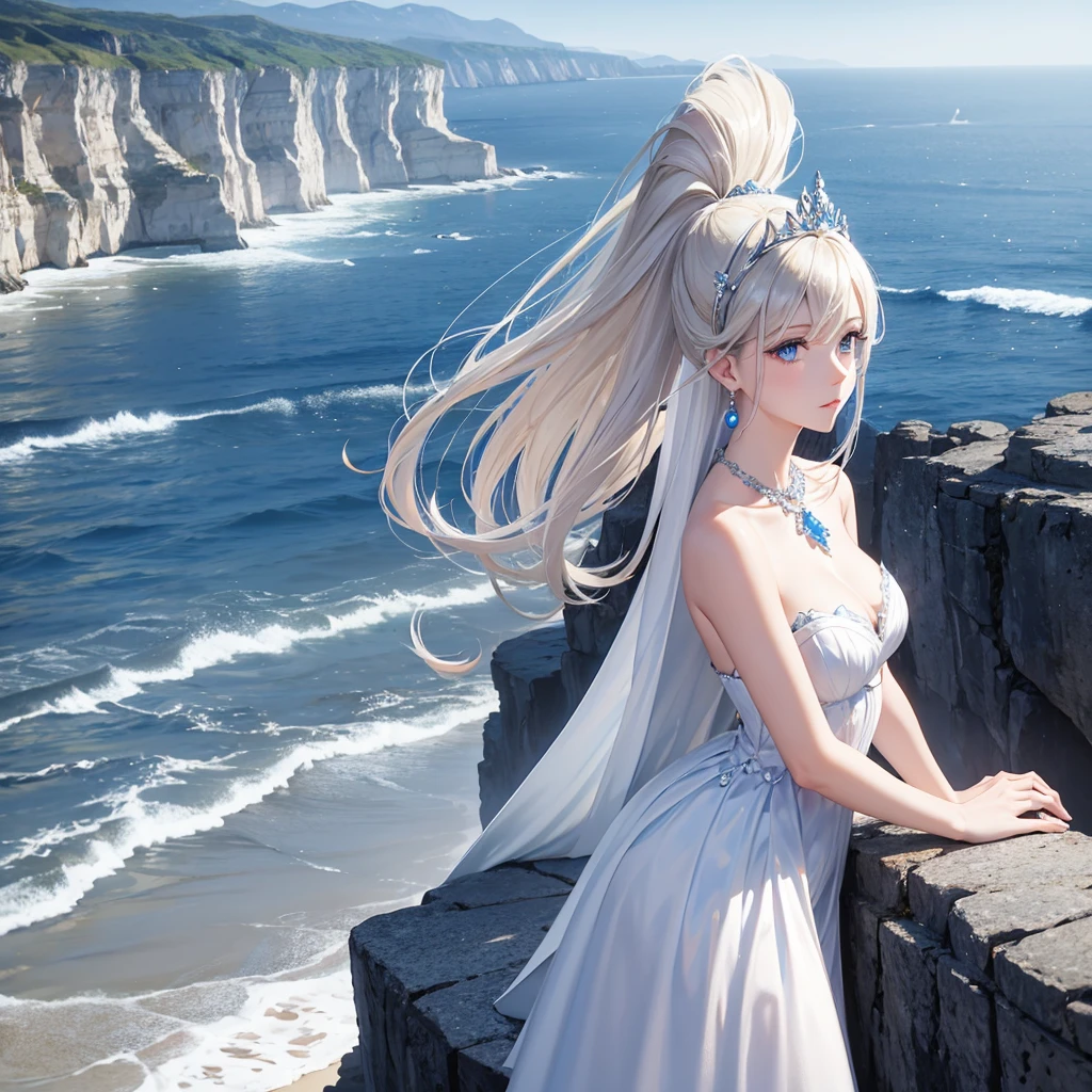 Ash blonde hair woman crystal blue eyes standing by cliff, looking over the misty sea. White shimmering dress, silver and sapphire tiara, sapphire necklace and earring