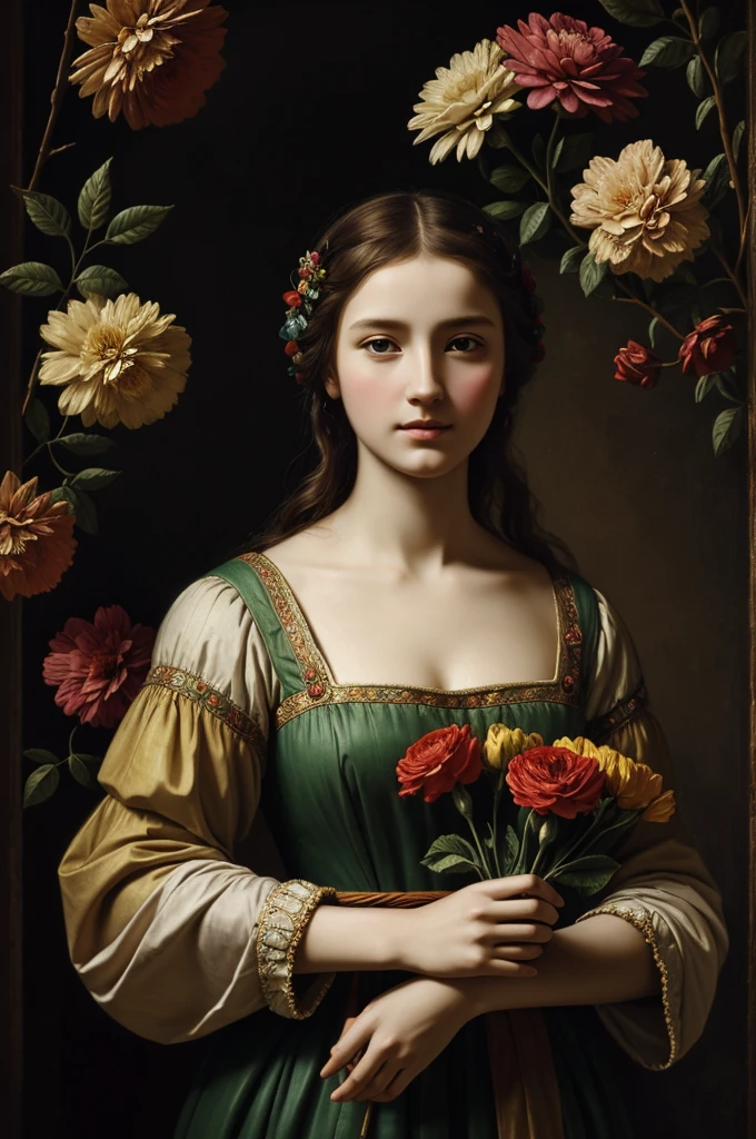 Realistic masterpiece woman with ancient colorful dress holding some flowers lot of detail high quality visual impact dark background renaissance painting style blurred dark background 