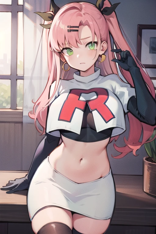 masterpiece, best quality, ultra-detailed, extremely detailed,illustration, 1girl, nicole demara,green eyes, hair ribbon, hairclip, earrings, doll, cowboy shot, team rocket,team rocket uniform,white skirt,red letter R,crop top,black thigh-highs,black elbow gloves