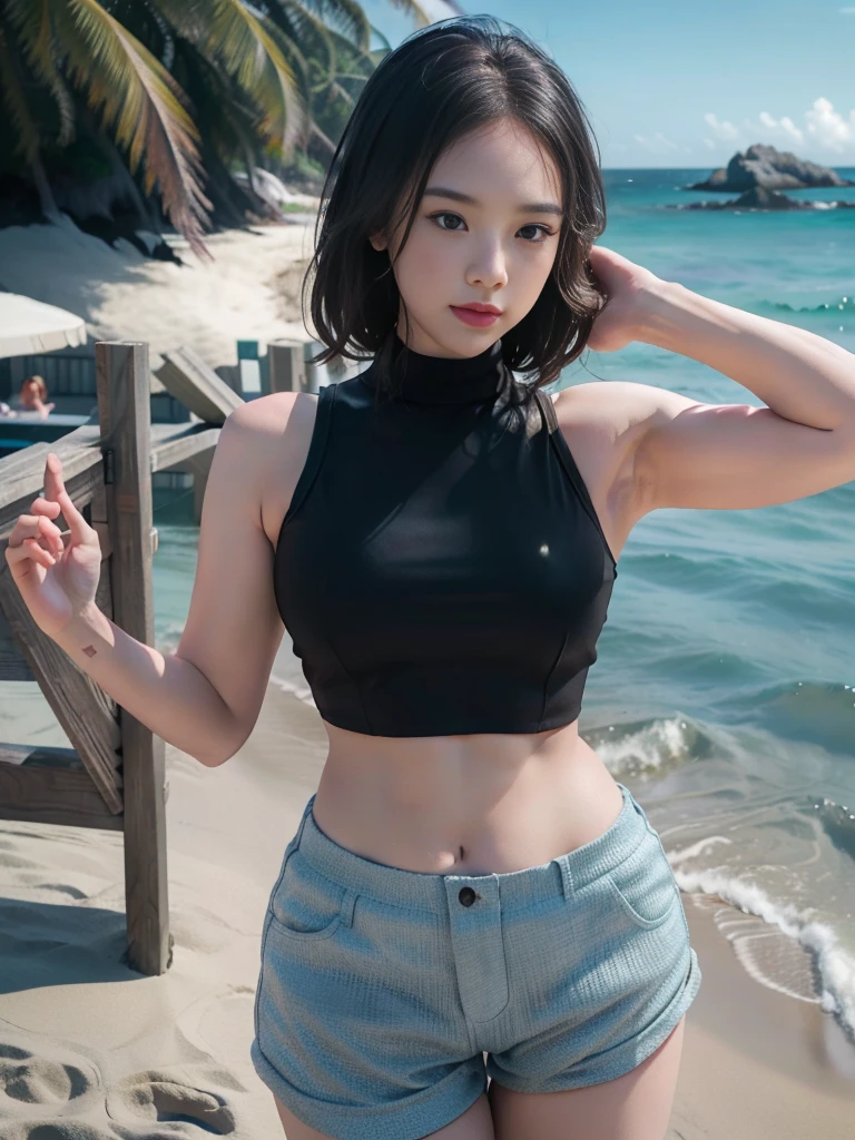 1girl, solo, (uniform), standing, at the beach, beautifully ocean scenery, detailed face, cute face, detailed eyes, thick breasts, smooth realistic skin, black tight latex tanktop, black latex hot pants, looking at the audience, low angle shot,(8k, RAW photo, best quality, masterpiece: 1.2), (realistic, realistic: 1.37), ultra-high resolution