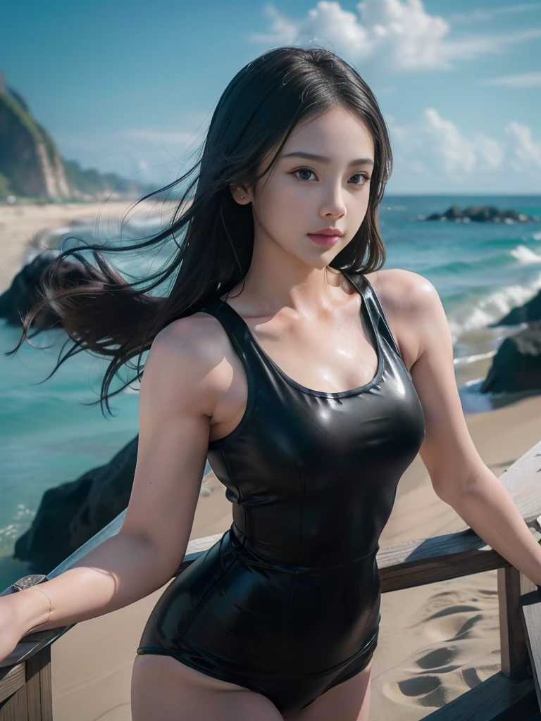 1girl, solo, (uniform), standing, at the beach,  beautifully ocean scenery, detailed face, cute face, detailed eyes, thick breasts, smooth realistic skin, black tight latex tanktop, black latex hot pants, looking at the audience, low angle shot,(8k, RAW photo, best quality, masterpiece: 1.2), (realistic, realistic: 1.37), ultra-high resolution