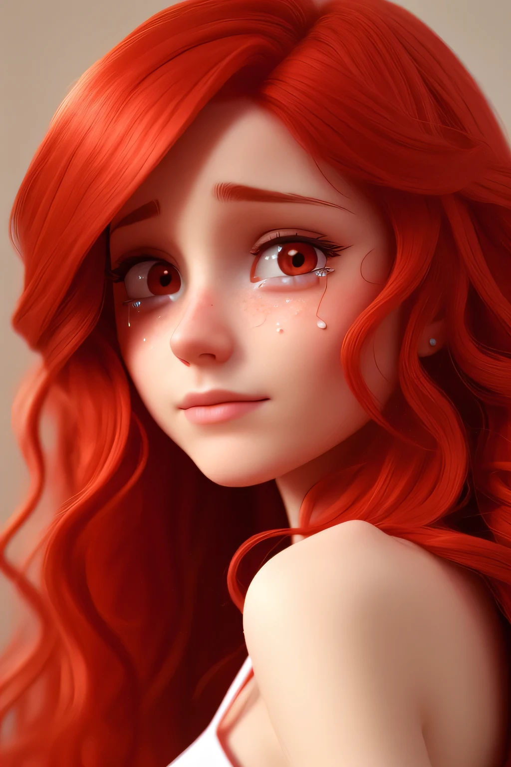 1 pale female with long wavy red hair, sad crying, closeup