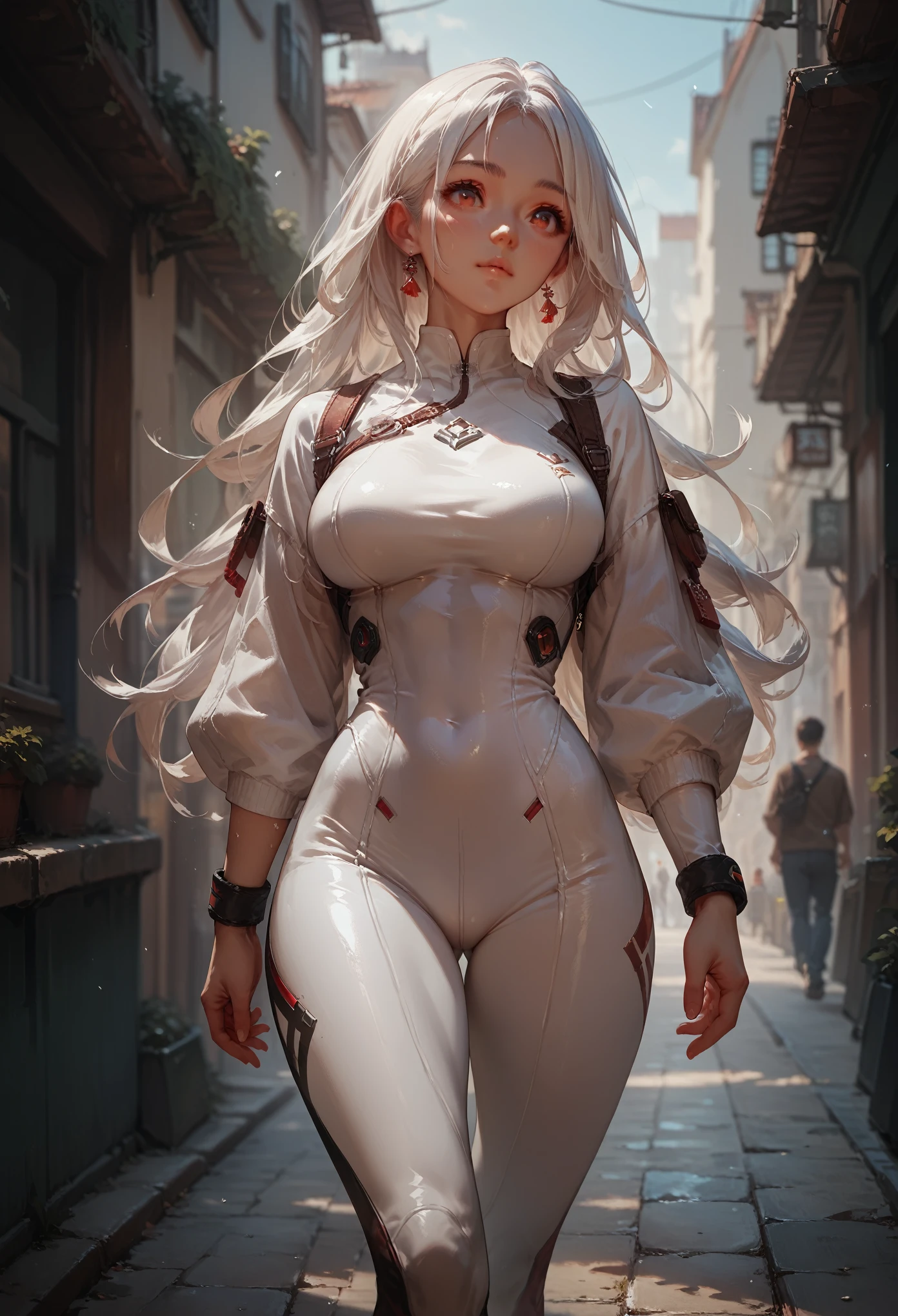 score_9, score_8_up, score_7_up, score_6_up, score_5_up, score_4_up, godrays, 1girl, cute girl, (long white hair), tight bodysuit, large breasts, red eyes, Walking around the city