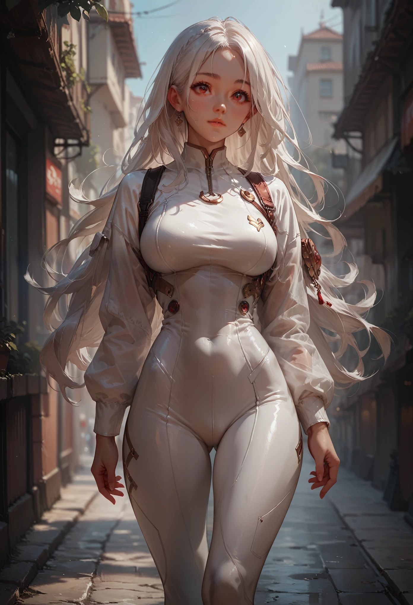 score_9, score_8_up, score_7_up, score_6_up, score_5_up, score_4_up, godrays, 1girl, cute girl, (long white hair), tight bodysuit, large breasts, red eyes, Walking around the city
