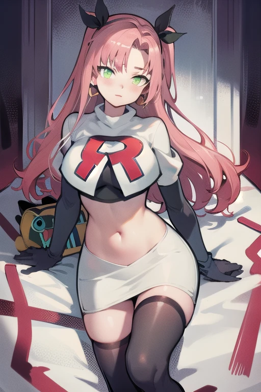 masterpiece, best quality, ultra-detailed, extremely detailed,illustration, 1girl, nicole demara,green eyes, hair ribbon, hairclip, earrings, doll, cowboy shot, team rocket,team rocket uniform,white skirt,red letter R,crop top,black thigh-highs,black elbow gloves