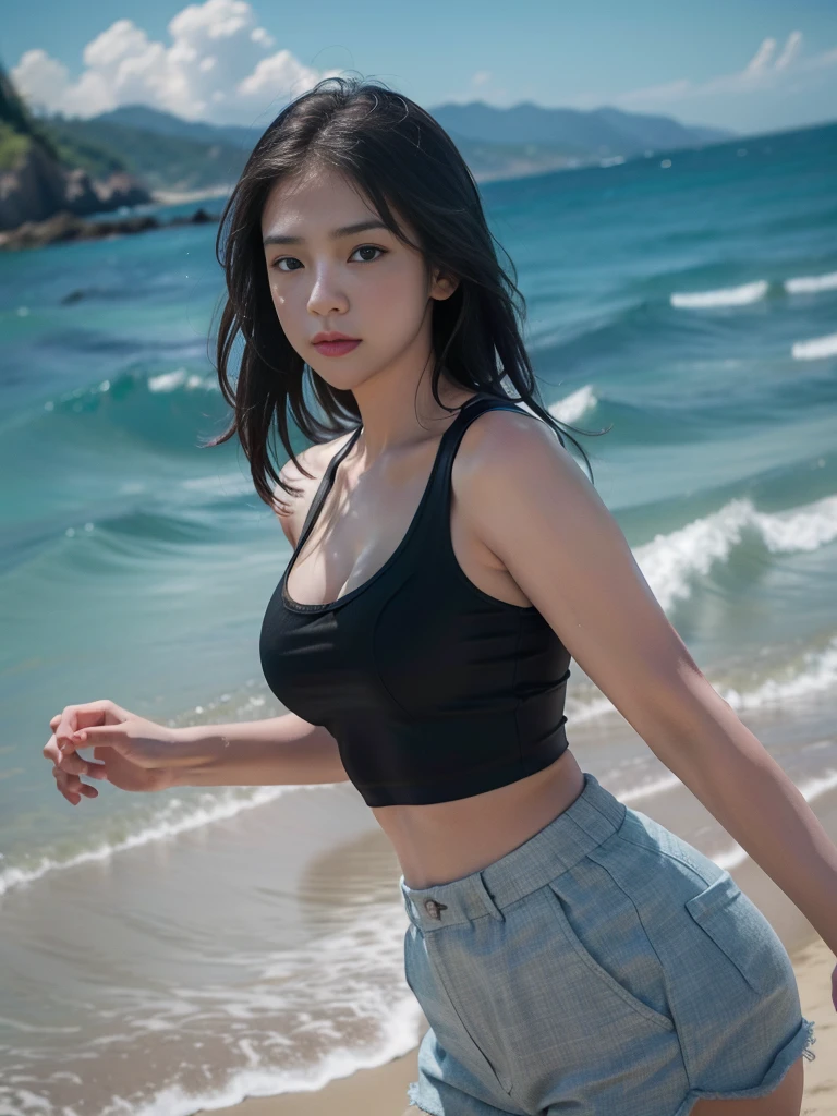 1girl, solo, (uniform), standing, at the beach, beautifully ocean scenery, detailed face, cute angry face, detailed eyes, semi-curvy body, thick breasts, smooth realistic skin, black tight latex tanktop, black latex hot pants, looking at the audience, low angle shot,(8k, RAW photo, best quality, masterpiece: 1.2), (realistic, realistic: 1.37), ultra-high resolution