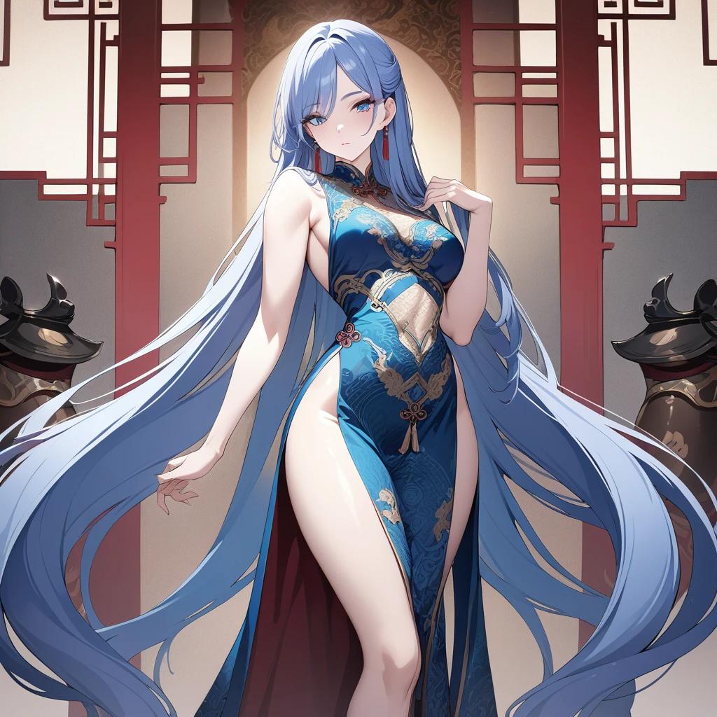 unparalleled masterpiece, ultra realistic 8k CG, perfect artwork, ((perfect female figure)), blue hair, blue eyes, mature female, milf, narrow waist, chinese deity, looking at viewer, seductive posture, sexy pose, alluring, clean, beautiful face, pure face, pale skin, absurdly long hair, shiny skin, skindentation,delicate pattern, intricate detail, (rich:1.4), (extremely detailed 8K chinese long embroidery silkrobe and silk long clothes and dress:1.2),slim body