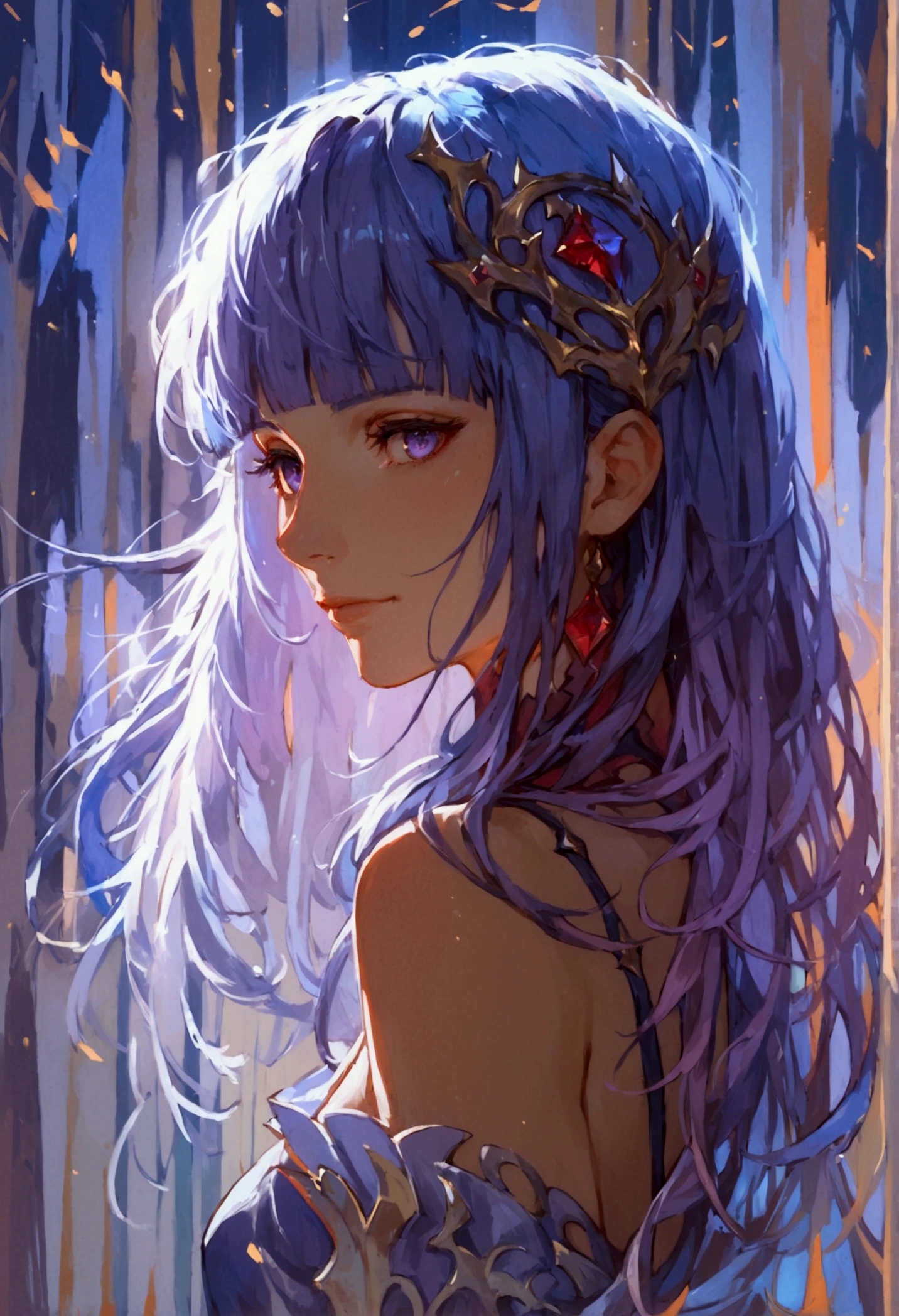 score_9, score_8_up, score_7_up, score_6_up, masterpiece, anime style, centered, highly detailed, portrait, 1girl, long hair, purple, hime cut, blunt bang, abstract background, epic composition, epic proportion