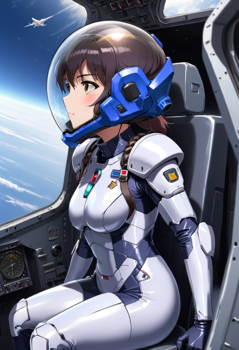 ((Female pilot in the cockpit of a reconnaissance plane), (airplane cockpit), (in flight), (10000 feet altitude)、(sky view):1.7),, short hair, street, emo, BLACK hair, white eyes, eyeliner, apocalypse, girl, nside the (cockpit:1.9) of a (futuristic spaceship:1.6), , blush,sitting on a chair, covered navel, space helmet, muvluv, space helm, plug suit , space helmet, eva helm, space suit, short hair, from below, from side
