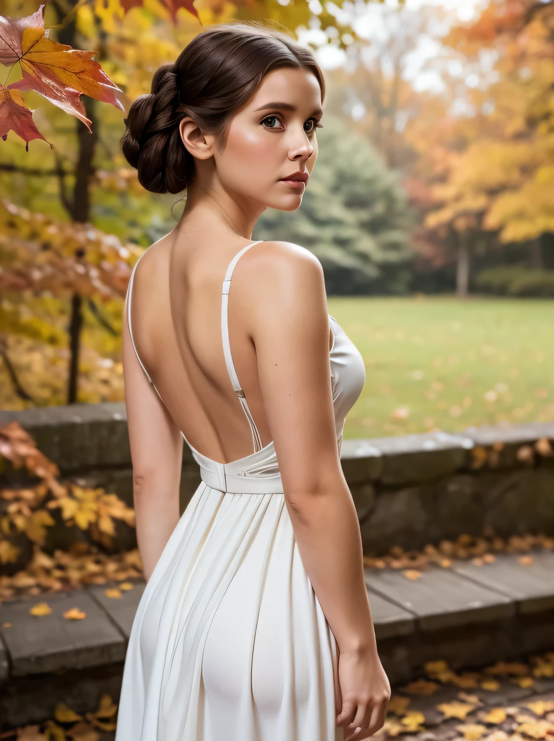 Young Princess Leia Organa, classic and sexy white dress, classic Leia's hairstyle, dark brown hair, dark brown eyes, detailed background, autumn mood, with autumn leaves, autumn afternoon, slightly dark background with autumnal light, her back is turned and she feels the cold autumn wind  