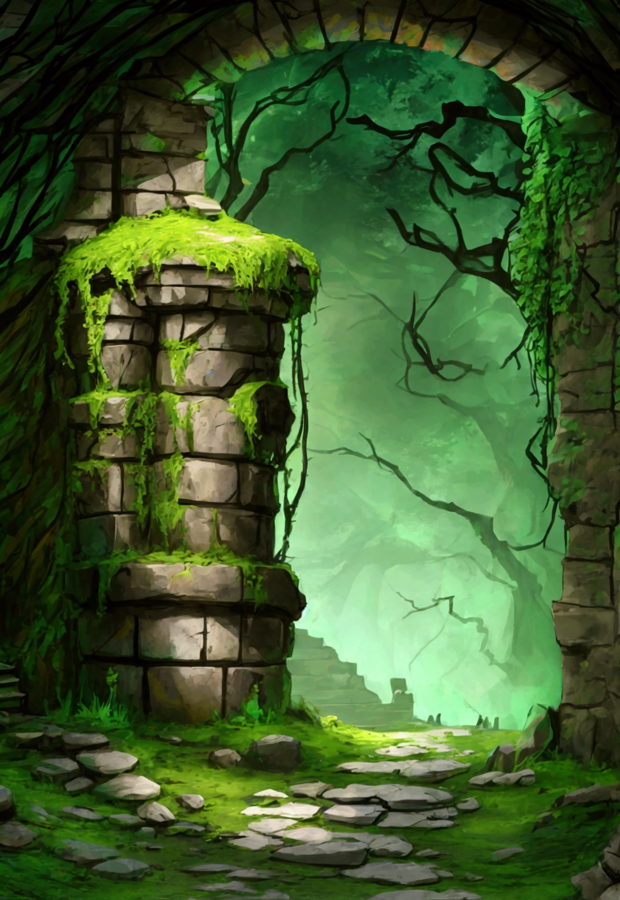 generate an ancient ruin filled with debris , with some moss on the stone walls , like a dungeon , not anime style