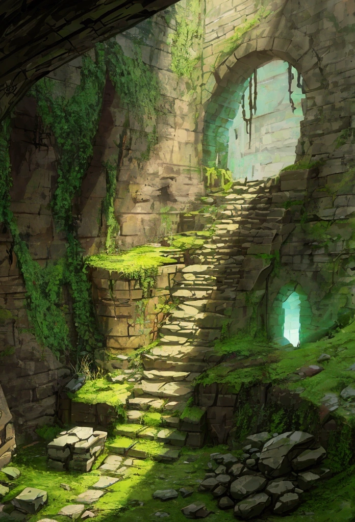 generate an ancient ruin filled with debris , with some moss on the stone walls , like a dungeon , not anime style 