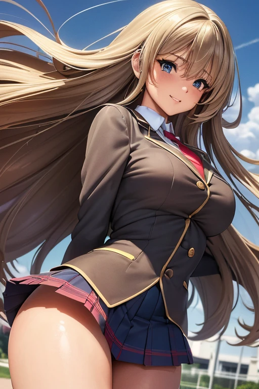#Basics A girl is posing for a photo, animeのかわいい女の子, ((One Girl)), (((Baby Face:1.2)) + ((cute:1.3))),
break
#Clothing Accessories
((school uniform)) : ((A school blazer with a white base and blue accents)) + ((Black base with red checkered pleated skirt)) + (A tie with a red base and blue diagonal lines) + ((Black Pantyhose)) + (Brown Loafers),
((Red earrings)),
break
#Features
(((Blonde)), (Chest-length sideburns), Hair blowing in the wind, (Long Hair : Long Hair + Curly hair + Wavy Hair + Voluminous Hair)),
((Droopy eyes:1.4, Big eyes:1.2), blue eyes), (Small breasts),
break
#background environment
((noon + Sunshine + School playground)),
#Facial Expression Pose
(smile, Laugh with your mouth open), ((Model pose)),
#composition
((Face the camera, (Focus from the front), Cowboy Shot)),
break
#Body parts elements
(Slim figure),
(Detailed Hair, Beautiful Hair, Shiny Hair),
(double eyelid, Long eyelashes),
(Expression of fine eyes, Beautiful and delicate eyes, Sparkling eyes, Eye Reflexes, Glitter Eyeliner),
(Human Ear),
(Beautiful Nose, Thin Nose),
(Glossy Lips, Beautiful Lips, Thick lips), (Symmetrical facial features),
(Detailed skin, Textured skin, Beautiful Skin),
break
#Quality Image Quality Common
(((Highest quality)), ((masterpiece)), ((Very detailed))), ((Ultra-high resolution)), ((16K, 1080P)), ((FHD)),
(Anatomically correct), (Realistic), (3DCG), (oil),
#Quality image illustration
((comics, anime)), CG illustration,