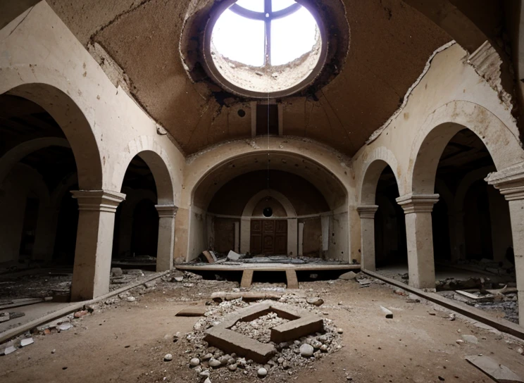 ((Destroyed)) Orthodox church interior , (underground), round, ((hole in the ceiling)), (Serious damage), darkness, Column