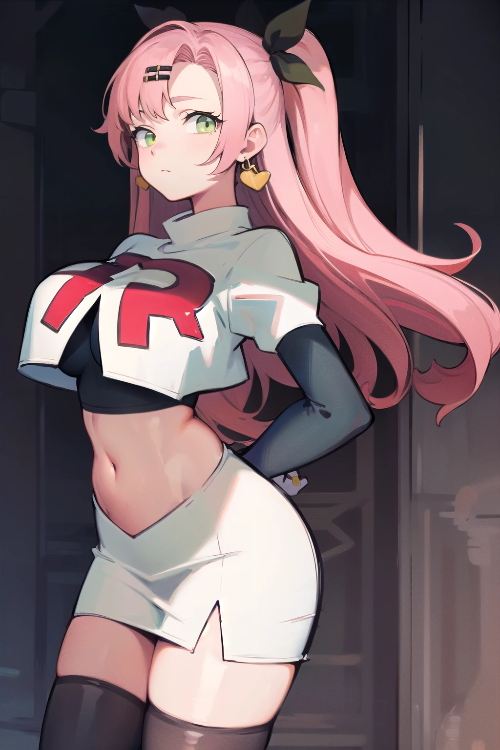 masterpiece, best quality, ultra-detailed, extremely detailed,illustration, 1girl, nicole demara,green eyes, hair ribbon, hairclip, earrings, doll, cowboy shot, team rocket,team rocket uniform,white skirt,red letter R,crop top,black thigh-highs,black elbow gloves