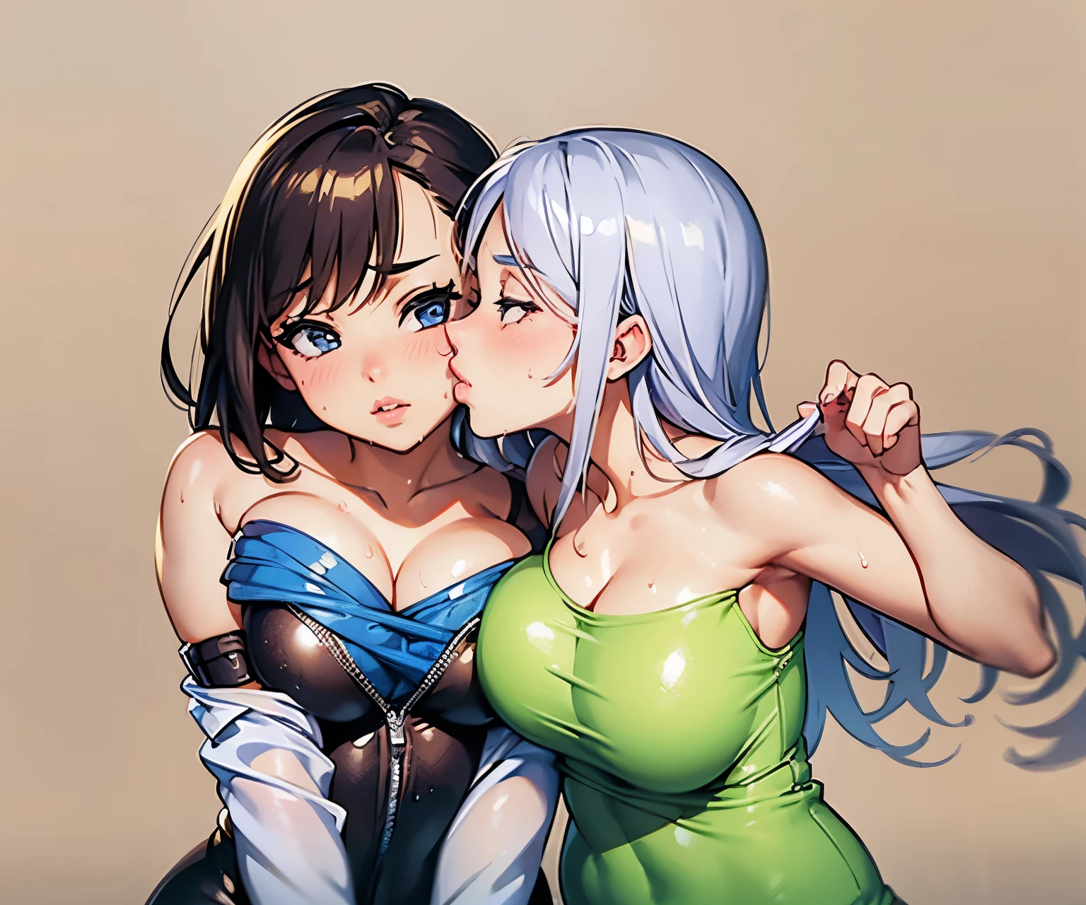 2girls, kissing cheek, strapless, puckered lips, thick lips, lips, closed mouth,cleavage, sideboob, armpit crease, tight clothes, sweat, wet clothes , masterpiece, best quality, absurdres, girl kissing girl on cheek, dynamic lighting, lighting effect, 