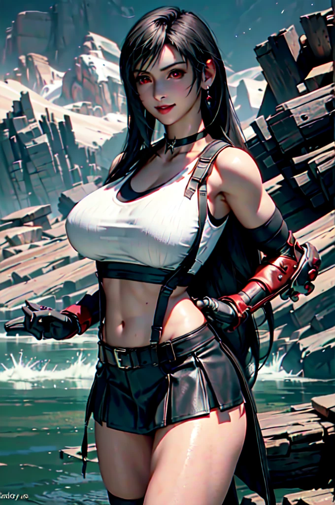 official art, unity 8k wallpaper, ultra detailed, beautiful and aesthetic, masterpiece, best quality, 1girl, extremely detailed, dynamic angle, cowboyshot, elegant, vivid colours, romanticism, yoshitaka amano, frank frazetta, atmospheric. Tifa lockhart, long black hair, red eyes, hair bangs, (white tank top:1.5), white top, (black miniskirt:1.4), suspenders, stockings, (huge breasts:1.5), cleavage, on a tropical beach, plants, sunshine, bokeh background, (red eyes:1.5)one girl, 1 girl, thin waist, wide hips, exposed abdomen, toned abs, toned arms, close up, see through clothes, semi transparant clothes