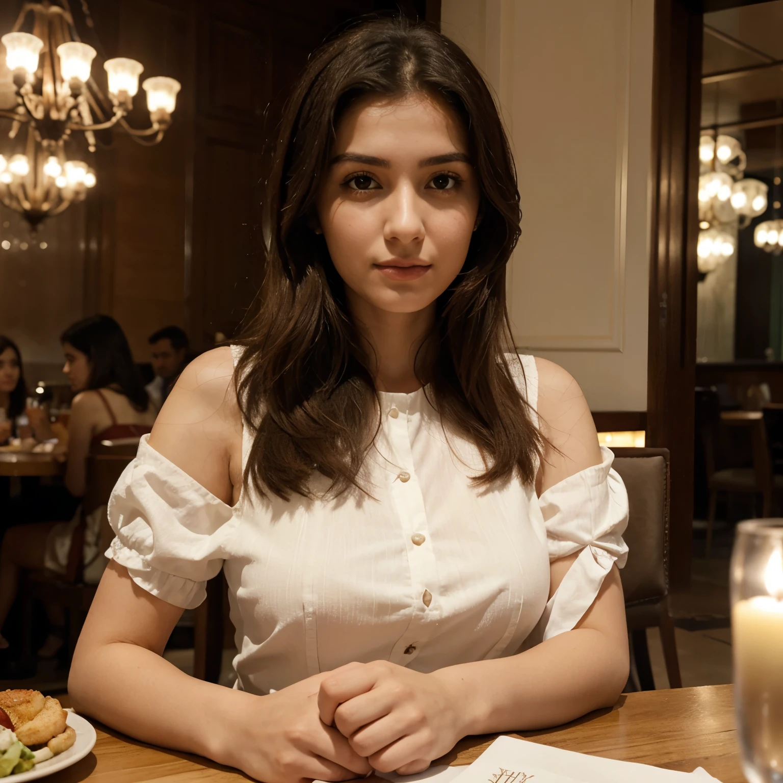 Generate a realistic, high-resolution portrait of Selma Lahrizi, a 24-year-old woman with a warm and approachable presence. She's sitting at a restaurant table in Paris, wearing a chic, summer dress. The lighting should be soft, diffused candlelight from the table. The focus should be on her face and the overall image should be symmetrical. Ensure consistent face and body shape throughout the image.
