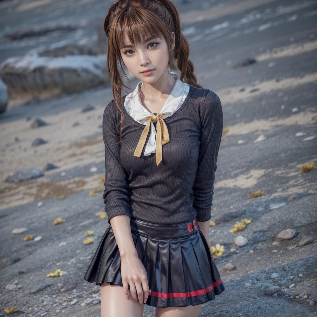 Kasumi, brown eyes, (best quality, ultra-detailed), (realistic:1.37), beautiful and detailed face, ultra-realistic texture, delicate face, delicate body, red lipstick, bright colors. High definition, 8K. expression giving a slight cute smile
