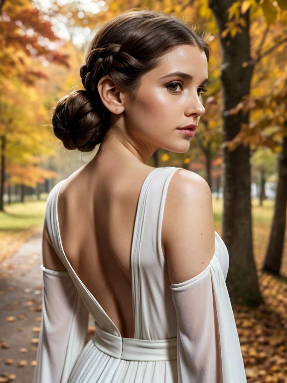 Young Princess Leia Organa, classic and sexy white dress, classic Leia's hairstyle, dark brown hair, dark brown eyes, detailed background, autumn mood, with autumn leaves, autumn afternoon, slightly dark background with autumnal light, detailed face, her back is turned and she feels the cold autumn wind  