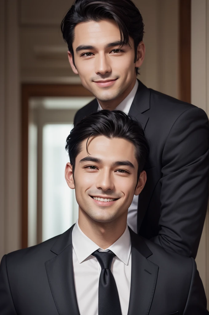 Generates for me a realistic portrait image of a man in a dark-haired suit with short hair dressed in a suit smiling with an image of excellent quality