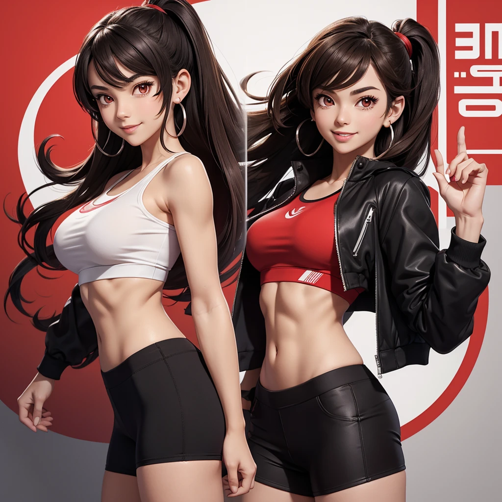 A high-quality anime-style illustration of a confident and playful young woman with long, straight dark brown hair styled in a side part and tucked behind her ears. She has bright red eyes and smooth, clear skin, smiling with a seductive expression. She is wearing a black sports bra that reveals her toned abs and an open black jacket. Her accessories include long, dangling silver earrings and red fingerless gloves. The character is leaning forward slightly, pulling up a white t-shirt to show off her muscular abs. There are heart symbols near her head, adding a charming and playful element. The background is minimal, ensuring the focus remains on the character.