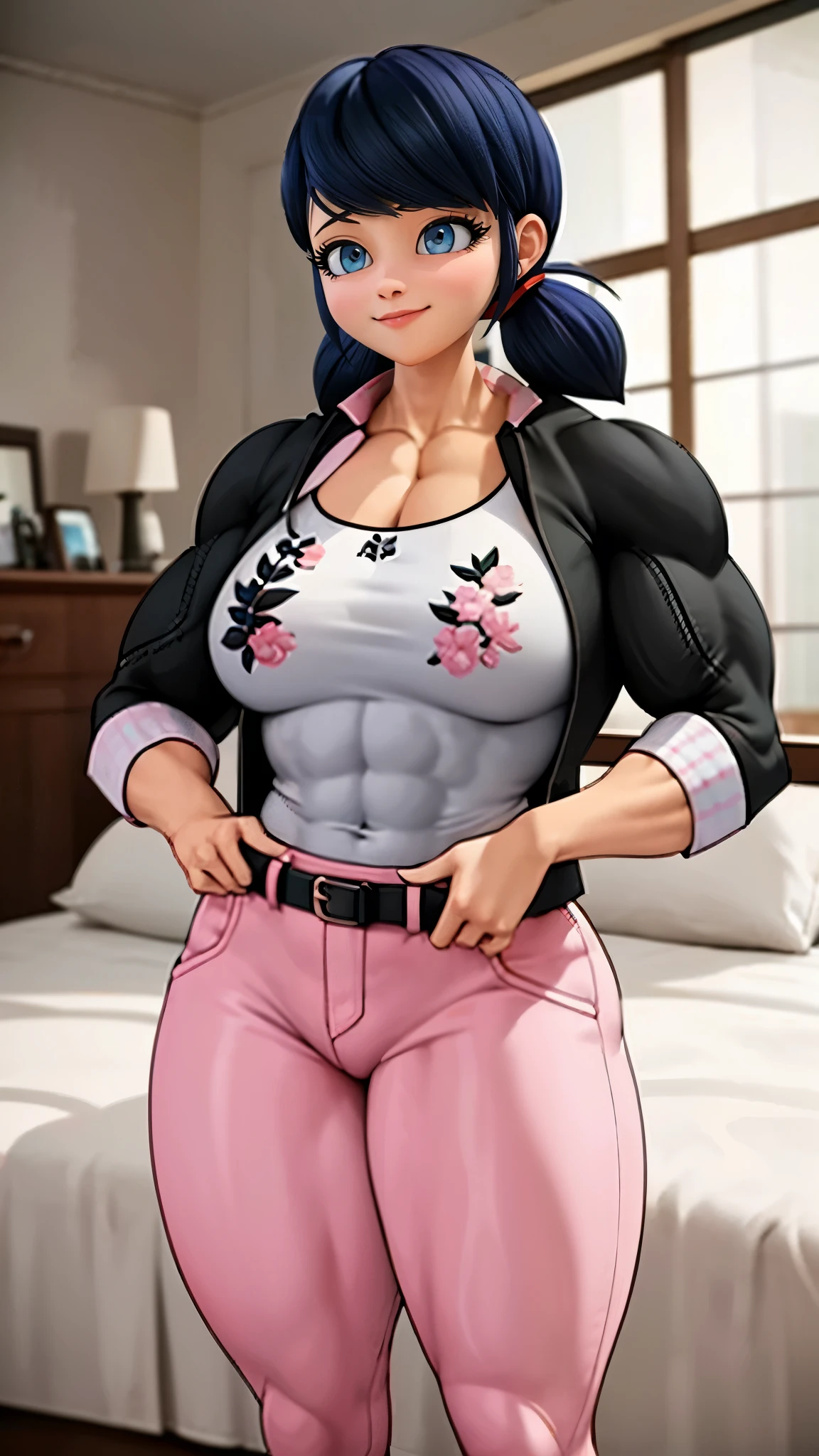 (big muscular female bodybuilder, beautiful detailed eyes, beautiful detailed lips:1.1,strong physique, two short pigtails, (smile), ( Marinette wears a white printed shirt ), black jacket, ((( dark pink jean's , plane jean's, without pattern))), and ballet flats.), lifting weight, muscular arms and legs:1.2, toned abs, powerful expression,sweating:1.1, bed background:0.9, intense focus:1.1, vibrant colors, dramatic lighting), rippling muscles,sturdy frame,dark tan,fit around the waist,(tight abs),strong arms and shoulders,intense expression,determined look,well-defined muscles and veins,straining muscles,artistic pose,steely gaze,side lighting,powerful presence,vivid colors,dynamic composition,studio lighting,physically-based rendering,athletic build,bodybuilding silhouette,professional,gritty texture,bokeh.