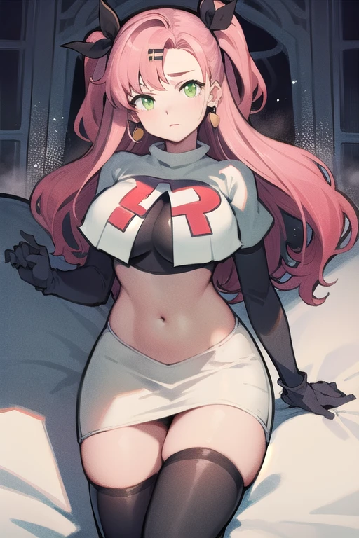 masterpiece, best quality, ultra-detailed, extremely detailed,illustration, 1girl, nicole demara,green eyes, hair ribbon, hairclip, earrings, doll, cowboy shot, team rocket,team rocket uniform,white skirt,red letter R,crop top,black thigh-highs,black elbow gloves