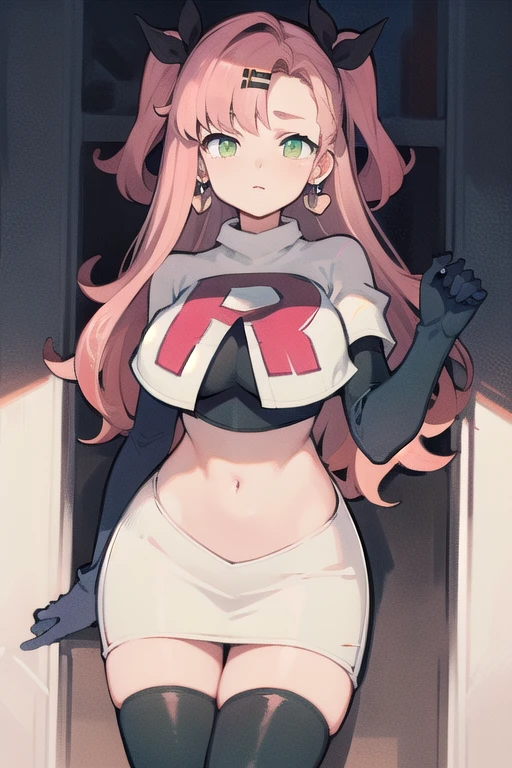 masterpiece, best quality, ultra-detailed, extremely detailed,illustration, 1girl, nicole demara,green eyes, hair ribbon, hairclip, earrings, doll, cowboy shot, team rocket,team rocket uniform,white skirt,red letter R,crop top,black thigh-highs,black elbow gloves