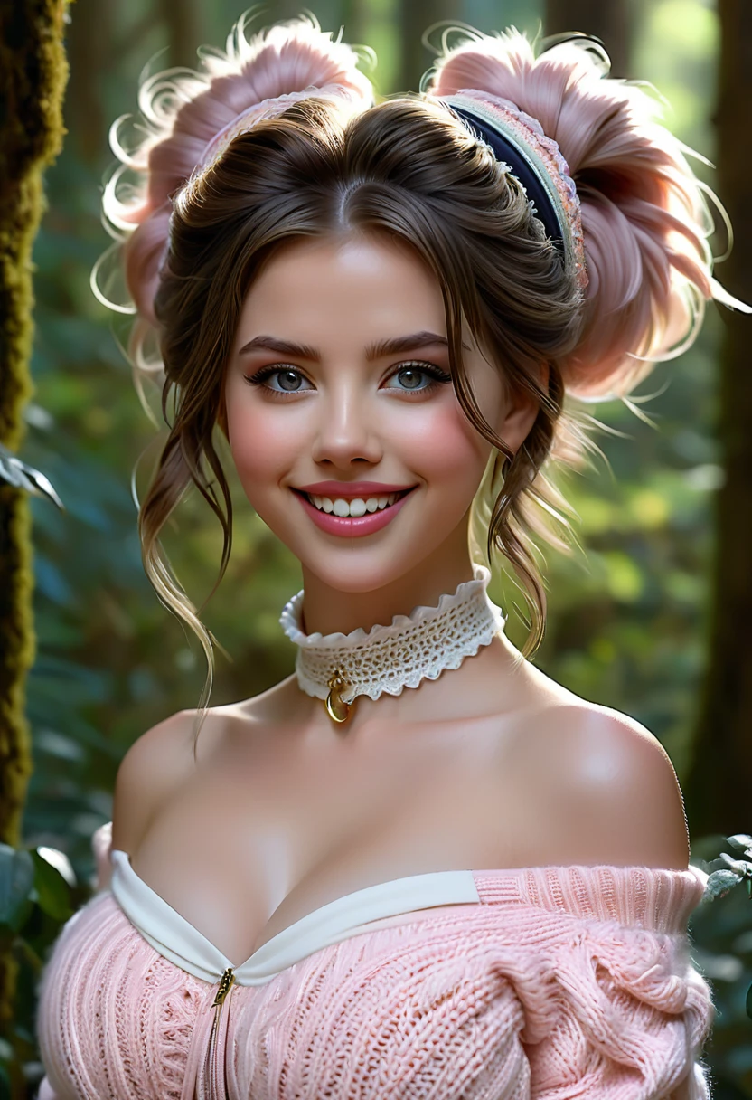 masterpiece, best quality, highly detailed, 1girl, solo, twintails, off-shoulder sweater, choker, jacket, hairband, looking at viewer, smile, blush, Wide Smile, Eyes Detailed & Wide, sexy Pose. Ultra HD, Rococo-Inspired Fantasy Art With Intricate Details. Cute, Charming Expression, Alluring-Gaze, looking at viewer Beautiful Eyes, An-Ideal-Figure. Large Youthful Well-Shaped-Breasts, Massive-Round-Bosom, Décolletage. slim waist, fit body, full lipsWarm lights , woman in a dreamy forest at night, with fluffy hair, delicate face, realistic, real, slim, large aperture, sexy shots, attractive poses,Stunnin gly beautiful merge of Scarlett Johanson. Alison Brie, Selena Gomez. symmetrical face, photorealistic, photography, path tracing, specular lighting, volumetric face light, path traced hairmaximum quality{(masutepiece) (8K High Resolution) (top-quality) In the style of breath of the wild.