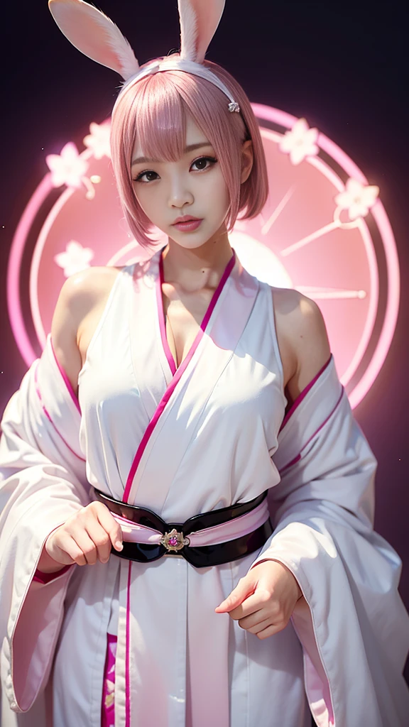 Night shrine、Pink hair、japanese kimono、White yukata、Realistic rabbit ears、rabbit ears pink hair sticking out of the head,,,,、Hannya mask、Hannya mask、Bewitching atmosphere、Beautiful shaped hands、K-POP、Pink rabbit ears、1 girl in、solo、masterpiece、top-quality、realisitic、Hyper-detailing、(Glossy skin:1.4)、absurderes、short pink hair、Slender beauties、Dynamic Lighting、hight resolution、sharp focus、depth of fields、(thick thight:1.0)、A slender :1.2、((Short-cut bob hair))、((k pop:1.3))、Highly detailed facial and skin texture、((Enchanting))、Anatomically correct number of fingers、Correct anatomy、Angle from below
