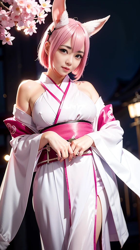 ht shrine、Pink hair、japanese kimono、White yukata、Realistic rabbit ears、rabbit ears pink hair sticking out of the head,,,,、Hannya mask、Hannya mask、Bewitching atmosphere、Beautiful shaped hands、K-POP、Pink rabbit ears、1 girl in、solo、masterpiece、top-quality、realisitic、Hyper-detailing、(Glossy skin:1.4)、absurderes、short pink hair、Slender beauties、Dynamic Lighting、hight resolution、sharp focus、depth of fields、(thick thight:1.0)、A slender :1.2、(t-cut bob hair))、((k pop:1.3))、Highly detailed facial an texture、((Enchanting))、Anatomically correct number of fingers、Correct anatomy、Angle from below