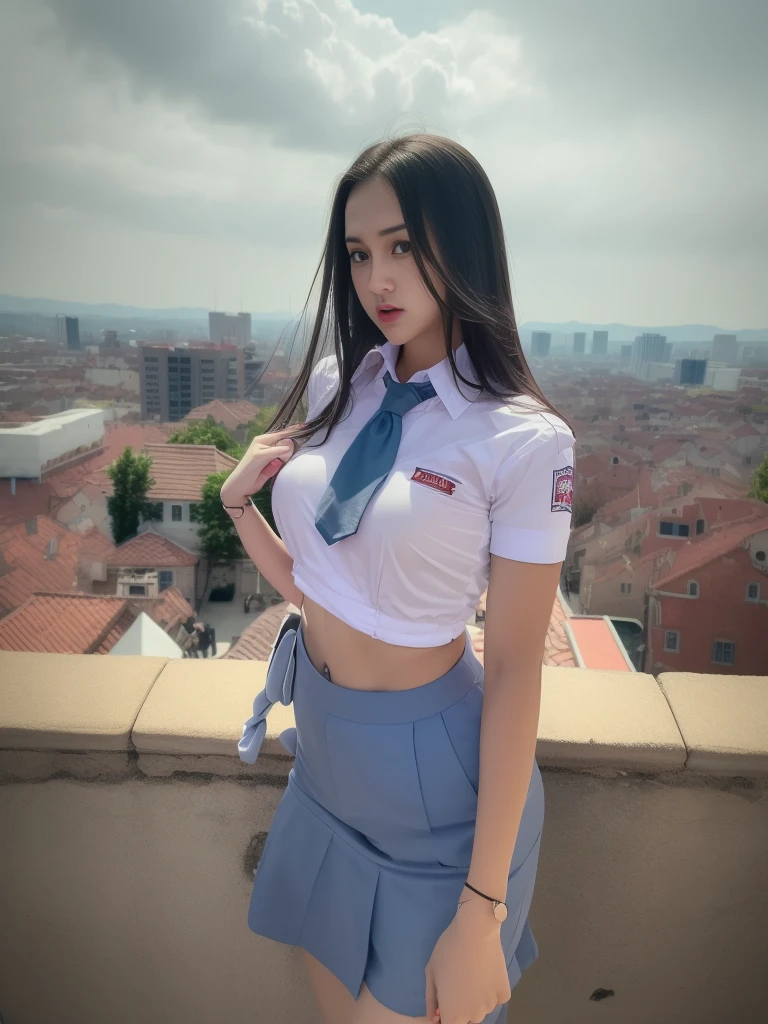 1girl, (uniform), standing, outdoors, night view, detailed Metropolitan city at the background, (Overhead view:1.35), (zoom out: 1.2), detailed face, cute angry face, detailed eyes, medium large breasts, six pack abs, smooth realistic skin, semi-curvy body, white shirt, grey blue short skirt, looking at the audience, (8k, RAW photo, best quality, masterpiece: 1.2), (realistic, realistic: 1.37), ultra-high resolution