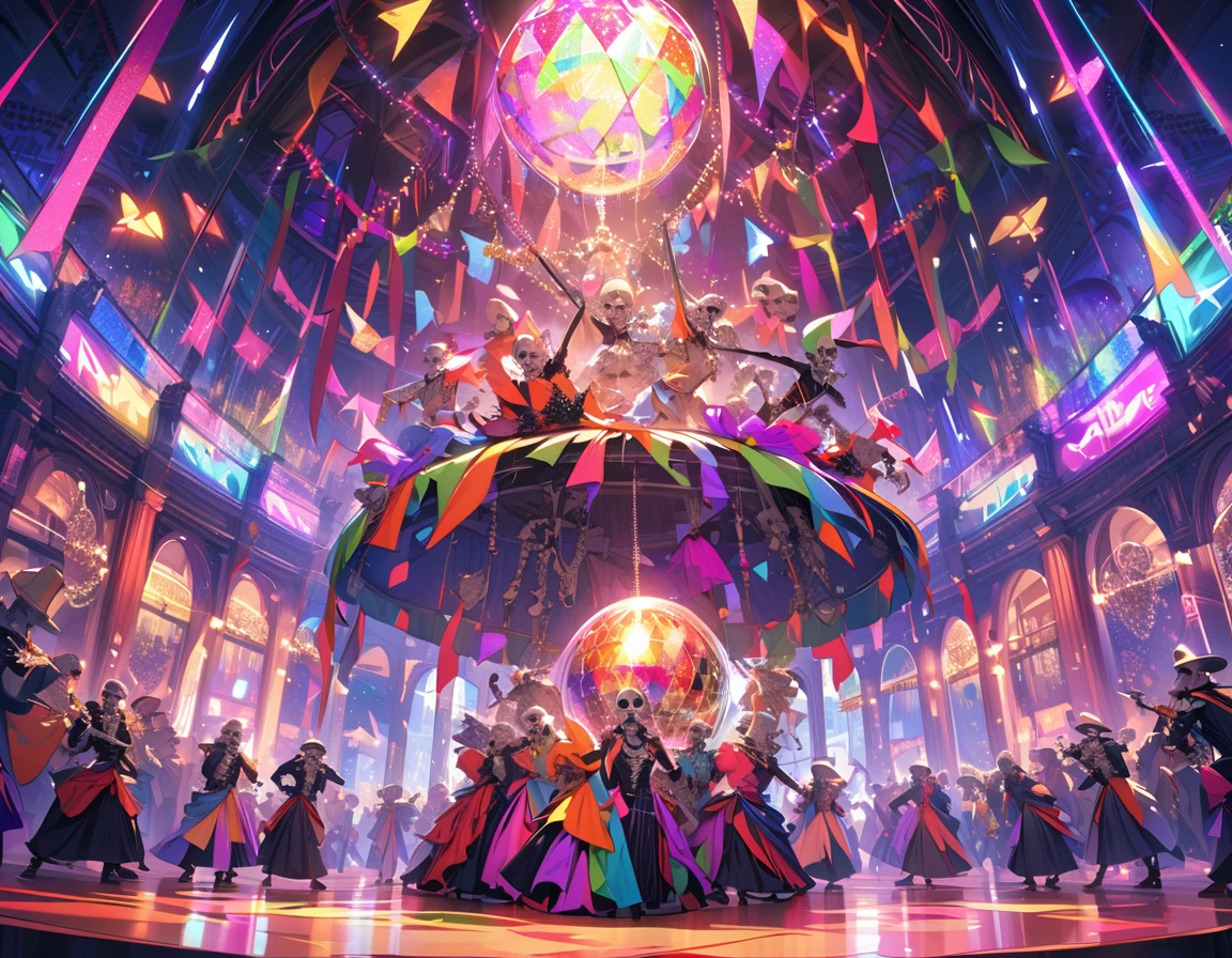 (masterpiece, best quality:1.1), (ultra highres, ultra-detailed:1.2), many skeleton gentlemen, skeletons having fun at a dance hall, mirror ball, colorful, elaborate costumes, joyful expressions, lively dance moves, intricate details, dramatic lighting, vibrant colors, elegant decor, festive atmosphere