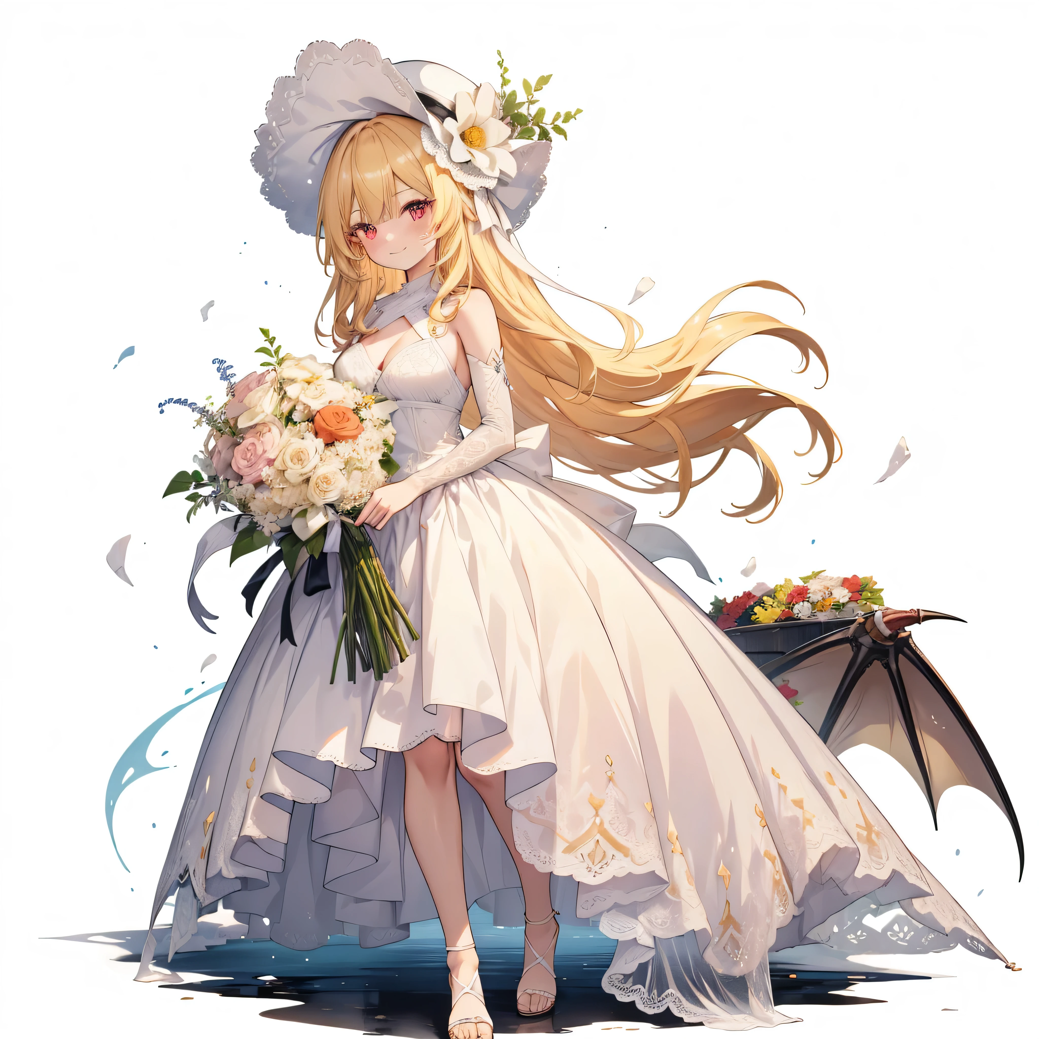 Head to toe,Full body,A young woman with bright blonde long hair is standing next to a bouquet of flowers and wearing a hat. One girl, alone, dragon red eyes, smiling, white background, blush, background, bangs, holding a bouquet, facing forward