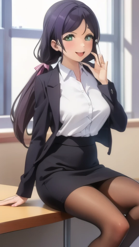 masterpiece,Light purple hair,Beautiful 5 fingers,Black jacket,White shirt,Big breasts are protruding,Spread your legs,M-foot:1.7,Job hunting suit:1.5,Ahega,Sticking out tongue,Blowjob Gestures,A mischievous smile with her fingers around her tongue,to ridicule,Troubled face, despise, Improve, clavicle, Light pink shirt, Collared shirt, Pencil Skirt,High heels