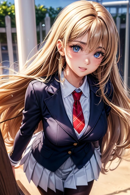 #Basics A girl is posing for a photo, animeのかわいい女の子, ((One Girl)), (((Baby Face:1.2)) + ((cute:1.3))),
break
#Clothing Accessories
((school uniform)) : ((A school blazer with a white base and blue accents)) + ((Black base with red checkered pleated skirt)) + (A tie with a red base and blue diagonal lines) + ((Black Pantyhose)) + (Brown Loafers),
((Red earrings)),
break
#Features
(((Blonde)), (Chest-length sideburns), Hair blowing in the wind, (Long Hair : Long Hair + Curly hair + Wavy Hair + Voluminous Hair)),
((Droopy eyes:1.4, Big eyes:1.2), blue eyes), (Small breasts),
break
#background environment
((noon + Sunshine + School playground)),
#Facial Expression Pose
(smile), ((Model pose, Dynamic Pose)),
#composition
((Face the camera, (Focus from the front), Cowboy Shot)),
break
#Body parts elements
(Slim figure),
(Detailed Hair, Beautiful Hair, Shiny Hair),
(double eyelid, Long eyelashes),
(Expression of fine eyes, Beautiful and delicate eyes, Sparkling eyes, Eye Reflexes, Glitter Eyeliner),
(Human Ear),
(Beautiful Nose, Thin Nose),
(Glossy Lips, Beautiful Lips, Thick lips), (Symmetrical facial features),
(Detailed skin, Textured skin, Beautiful Skin),
break
#Quality Image Quality Common
(((Highest quality)), ((masterpiece)), ((Very detailed))), ((Ultra-high resolution)), ((16K, 1080P)), ((FHD)),
(Anatomically correct), (Realistic), (3DCG), (oil),
#Quality image illustration
((comics, anime)), CG illustration,