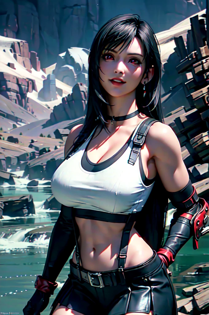 (8k, Highest quality, masterpiece:1.2), (Realistic, photo-Realistic:1.37), Very detailed, 1 girl,cute, alone, (Tifa Lockhart), (Huge breasts:1.5),(beautiful detailed eye), (smile:1.2), (Mouth closed), Sexy pose, Dancing, Depth of written boundary, Dark intense shadows, Sharp focus, Depth of written boundary, Good composition, Final Fantasy VII, (White tank top) suspenders, stockings, Arm Brace, red gloves, (Black choker) whole body, Headrest, lips, Pretty face, Long hair tied low, ((red_eye:1.0)), (night:1.3), Complex, Bokeh, Cinema Lighting, Photon Mapping, Radio City, Physically Based Rendering, (Tetsuya Nomura Style), Browsing Caution, Perfect breasts, (In the Field, River and mountains on background:1.5)
