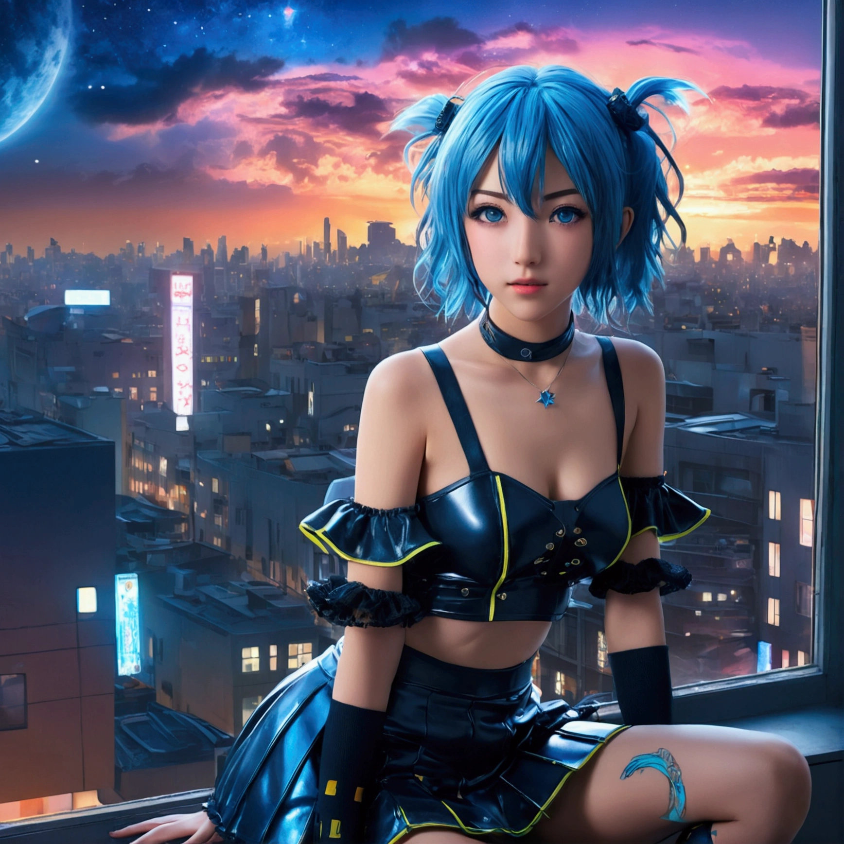 (extremely detailed CG unity 16k wallpaper:1.1), (Denoising strength: 1.45), (tmasterpiece:1.37), (Full body posing:1.4:), whole-length, Dynamic angle, starry sky, lifelike texture, side lighting, (style of anime:1.5), (best illuminate, best shadow), (best illustration), dynamic angle, (chibi:1.15), thick outline, chibi, (1girl:1.2), detailed blue eyes, long blue hair, detailed face, crop top, frilled sleeves, pleated skirt, fishnet thighhighs, Volumetric Lighting, (outline), (messy cyberpunk room:1.1), window, colourful, neon trim, cyberpunk city, High saturation, clouds and stars sky, Galaxy, ((citylight)), cowboy shot, sparkle, glowing light, ray tracing, (best quality), masterpiece, UHD