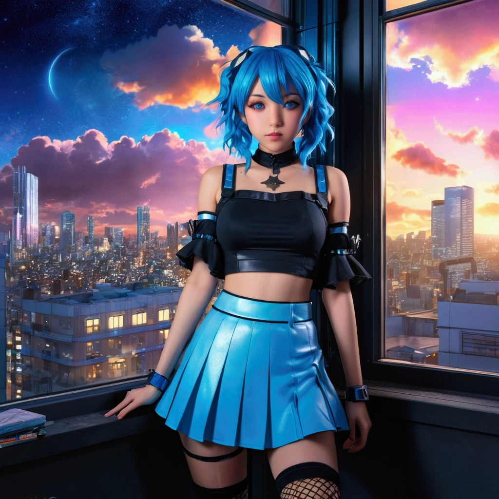 (extremely detailed CG unity 16k wallpaper:1.1), (Denoising strength: 1.45), (tmasterpiece:1.37), (Full body posing:1.4:), whole-length, Dynamic angle, starry sky, lifelike texture, side lighting, (style of anime:1.5), (best illuminate, best shadow), (best illustration), dynamic angle, (chibi:1.15), thick outline, chibi, (1girl:1.2), detailed blue eyes, long blue hair, detailed face, crop top, frilled sleeves, pleated skirt, fishnet thighhighs, Volumetric Lighting, (outline), (messy cyberpunk room:1.1), window, colourful, neon trim, cyberpunk city, High saturation, clouds and stars sky, Galaxy, ((citylight)), cowboy shot, sparkle, glowing light, ray tracing, (best quality), masterpiece, UHD