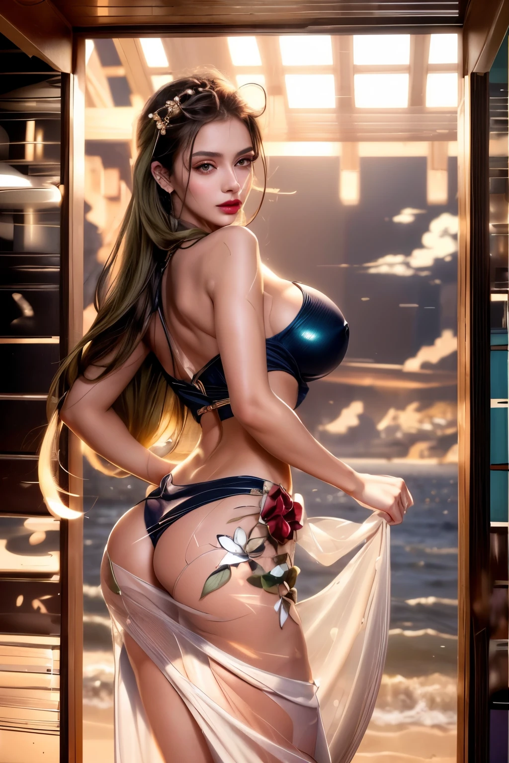 ultra realistic 8k cg, picture-perfect face, flawless, clean, masterpiece, professional artwork, famous artwork, cinematic lighting, cinematic bloom,
super realistic 8K, Perfect, clean , masterpiece, Professional artwork, famous artwork, face perfect,
43yo girl, solo, alluring step mom,(sexy Bangladeshi women:1.2),
beautiful woman,very sexy appearance, seductive , rosy cheeks, smooth skin,
huge breasts, smooth face, detailed face, smooth skin,shiny skin,highly detailed face, detailed face, perfect proportions, well-proportioned body of six heads, huge breasts, thin waist, navel, big butt , crotch gap, large thighs,mature,toned legs, long neck, big ,detailed hair, ,detailed breasts, slim waist,beauty, long eyelashes, hourglass body, juicy lips,Beautiful expression, beautiful eyes,
Looks good with straight long hair,
Black hair, long hair, silky hair, detailed bangs, (hair between eyes:1.2),
((Light olive eyes:1.2)),
gorgeous bright neon blue eye makeup and thick black winged eyeliner, peachy matte lipstick, looking into the camera,
detailed eyebrows,
(hourglass body:1.3), ultra detailed, best illustrated, showing off, seductive_pose, sexy eyes,full-body_portrait, Intrinsic exquisite details of (eyes, hair, skin, face, hands, fingers, anatomy), stunning otherworldly beauty, sexy pose,
She is Wearing ((Very Sexy Double Shine Lace String Bikini)),full and juicy lips(dark red lipstick), belly jewelery, pearl necklace, pearl ear_rings, perfect fingers and nails, red_fingernails, golden ratio, seductive_pose, big_boobies,deep cleavage,
,professional photoshot, incredibly beautiful woman in the form of a 'Desi Milf', elegant wild beauty and attractiveness, seductiveness and inaccessibility, beautiful, photoshot for Vogue magazines, sensual, ultra detailed, ,mature female,1 girl,cowboy_pose,naughty, (iu:0.8),cleavage, Sea beach in the background