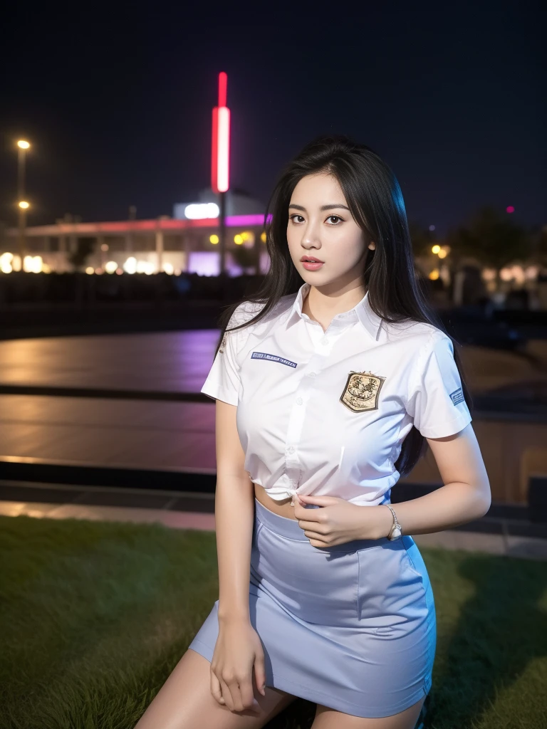 1girl, (uniform), standing, outdoors, night view, detailed Metropolitan city at the background, (Overhead view:1.35), (zoom out: 1.2), detailed face, cute angry face, detailed eyes, medium large breasts, six pack abs, smooth realistic skin, semi-curvy body, white shirt, grey blue short skirt, looking at the audience, (8k, RAW photo, best quality, masterpiece: 1.2), (realistic, realistic: 1.37), ultra-high resolution