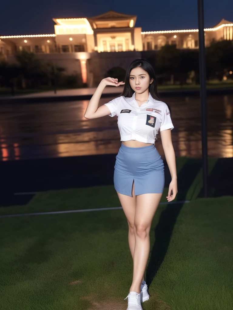 1girl, (uniform), standing, outdoors, night view, detailed Metropolitan city at the background, (Overhead view:1.35), (zoom out: 1.2), detailed face, cute angry face, detailed eyes, medium large breasts, six pack abs, smooth realistic skin, semi-curvy body, white shirt, grey blue short skirt, looking at the audience, (8k, RAW photo, best quality, masterpiece: 1.2), (realistic, realistic: 1.37), ultra-high resolution